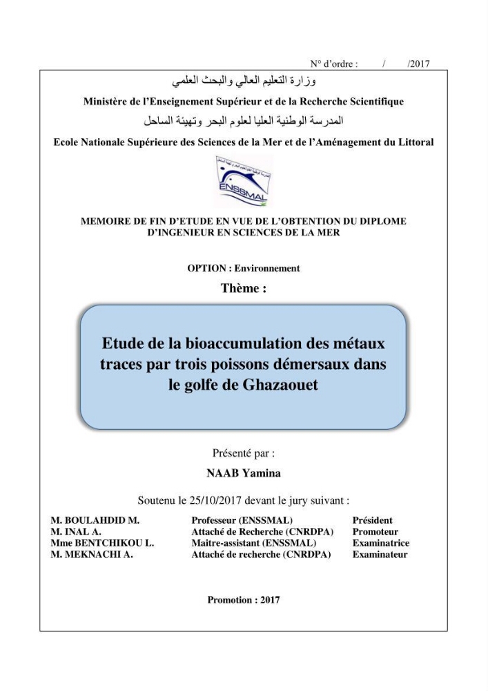 Etude de la bioaccumulation des métaux traces par trois poissons démersaux dans le golfe de Ghazaouet: