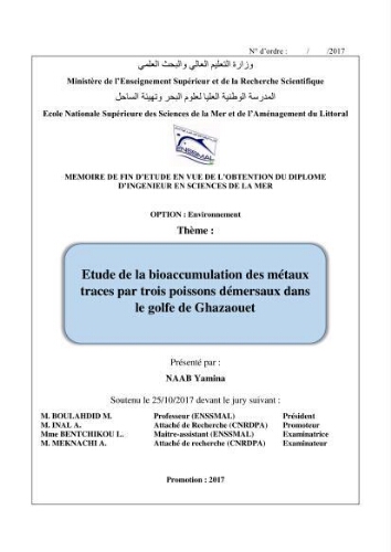 Etude de la bioaccumulation des métaux traces par trois poissons démersaux dans le golfe de Ghazaouet: Etude de la bioaccumulation des métaux traces par trois poissons démersaux dans le golfe de Ghazaouet: