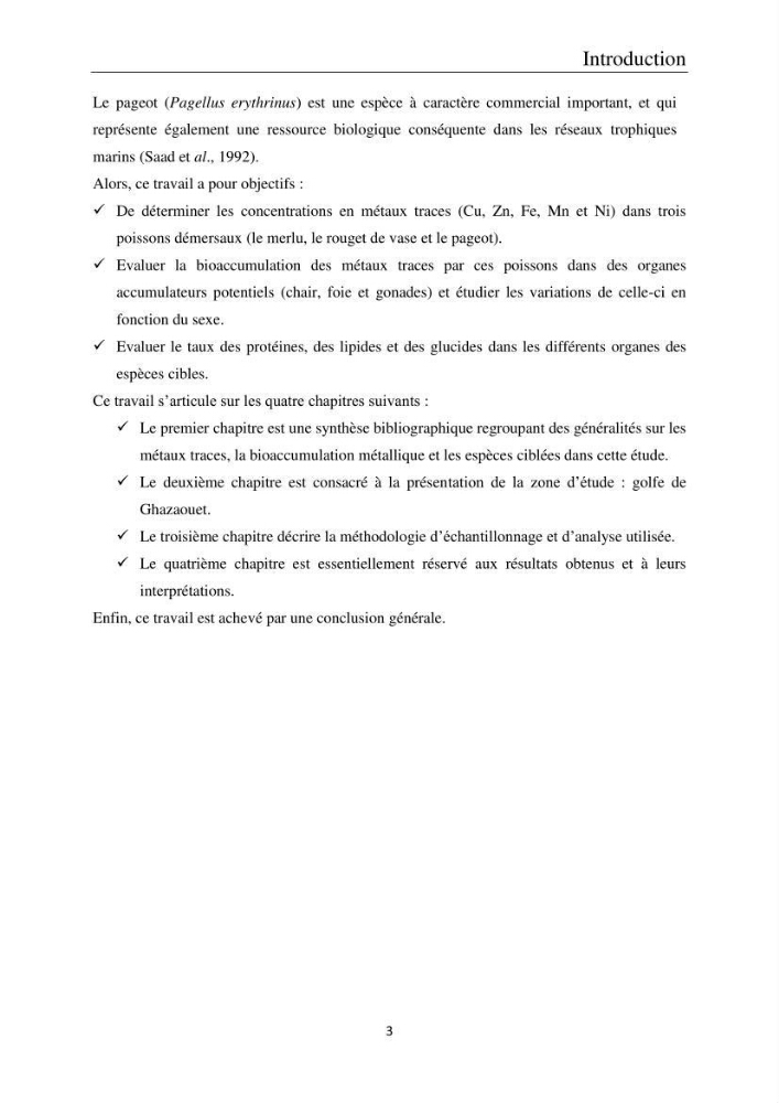 Etude de la bioaccumulation des métaux traces par trois poissons démersaux dans le golfe de Ghazaouet: