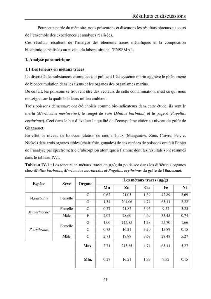 Etude de la bioaccumulation des métaux traces par trois poissons démersaux dans le golfe de Ghazaouet: