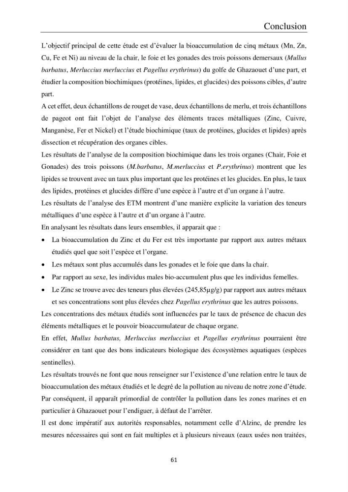 Etude de la bioaccumulation des métaux traces par trois poissons démersaux dans le golfe de Ghazaouet: