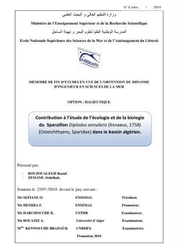 Contribution à l'étude de l'écologie et de la biologie du sparaillon diplodus annularis (Linnaeus, 1758) ( Osteichthyens, sparidae) dans le bassin algérien.: Contribution à l'étude de l'écologie et de la biologie du sparaillon diplodus annularis (Linnaeus, 1758) ( Osteichthyens, sparidae) dans le bassin algérien.: