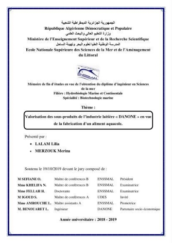 Valorisation des sous-produits de l'industrie laitières (DANONE) en vue de la fabrication d'un aliment aquacole: Valorisation des sous-produits de l'industrie laitières (DANONE) en vue de la fabrication d'un aliment aquacole: