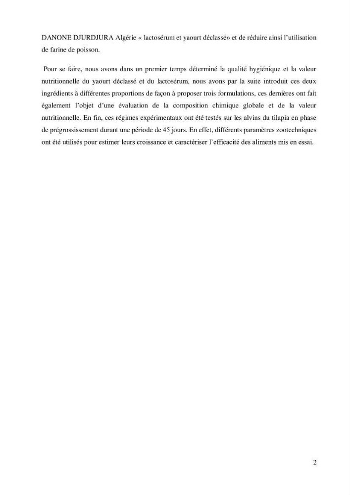 Valorisation des sous-produits de l\'industrie laitières (DANONE) en vue de la fabrication d\'un aliment aquacole: