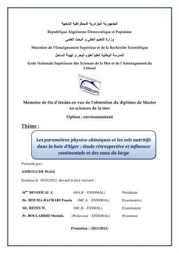 Les paramètres physico-chimiques et les sels nutritifs dans la baie d'Alger Les paramètres physico-chimiques et les sels nutritifs dans la baie d'Alger