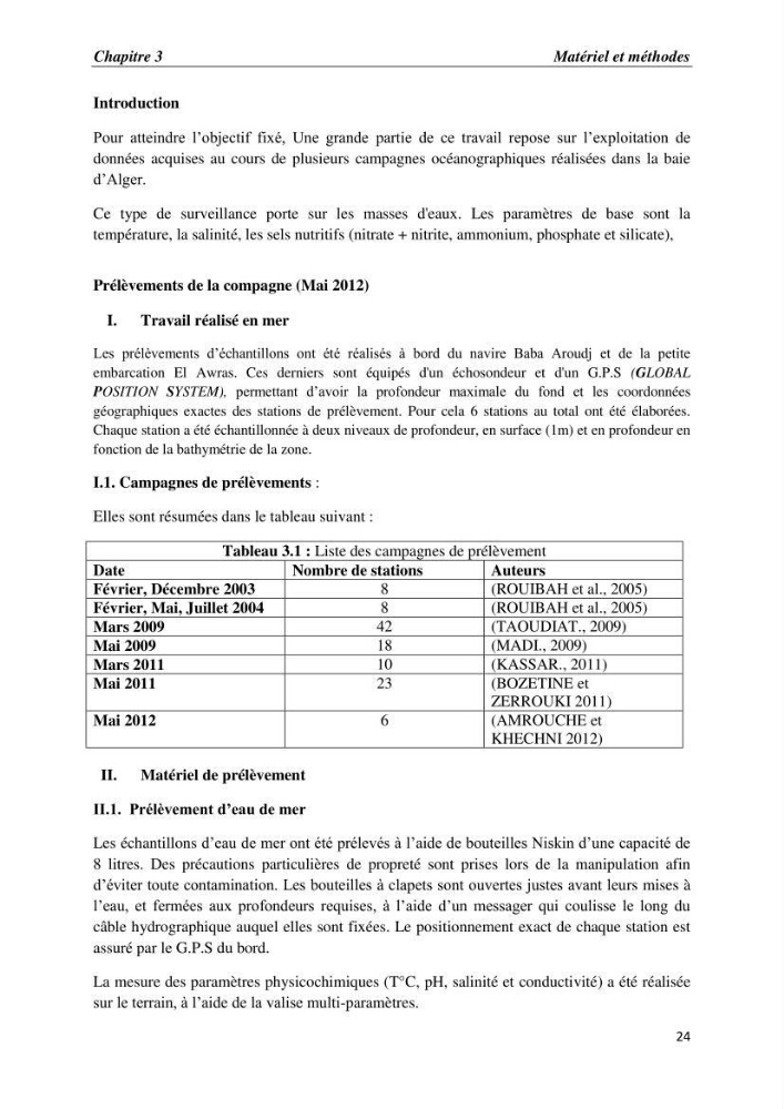 Les paramètres physico-chimiques et les sels nutritifs dans la baie d\'Alger