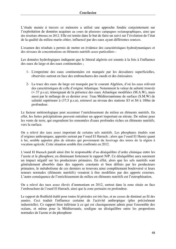 Les paramètres physico-chimiques et les sels nutritifs dans la baie d\'Alger