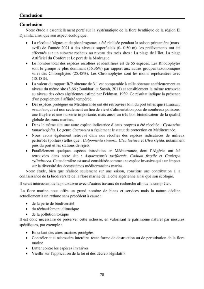 Biodiversité de la flore marine benthique de la region d\'El Djamila taxonomie et ecologie