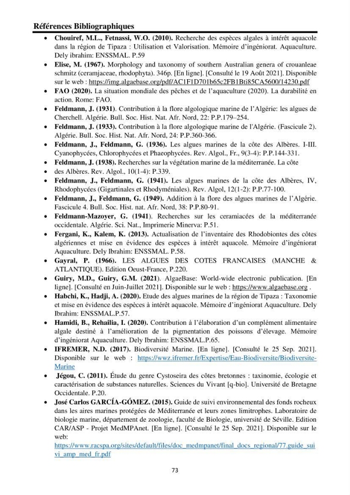 Biodiversité de la flore marine benthique de la region d\'El Djamila taxonomie et ecologie