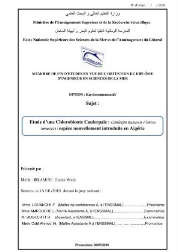 Etude d'une chlorobionte caulerpale: caulerpa racemos (forme invasive): espèce nouvellement introduite en Algérie Etude d'une chlorobionte caulerpale: caulerpa racemos (forme invasive): espèce nouvellement introduite en Algérie