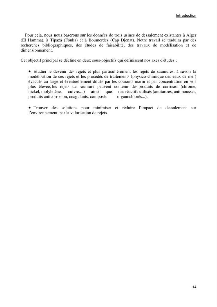 Impact des rejets de dessalement sur la qualité des eaux de mer ( cas des trois stations: cap djenat, El hamma, Fouka