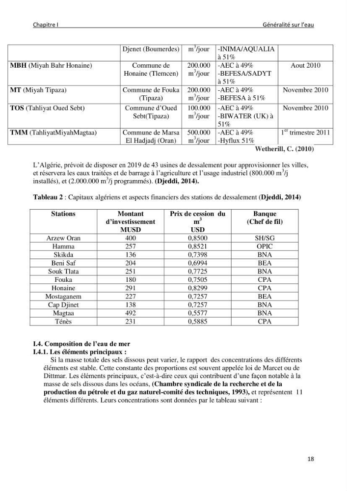Impact des rejets de dessalement sur la qualité des eaux de mer ( cas des trois stations: cap djenat, El hamma, Fouka