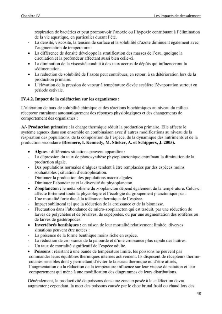 Impact des rejets de dessalement sur la qualité des eaux de mer ( cas des trois stations: cap djenat, El hamma, Fouka