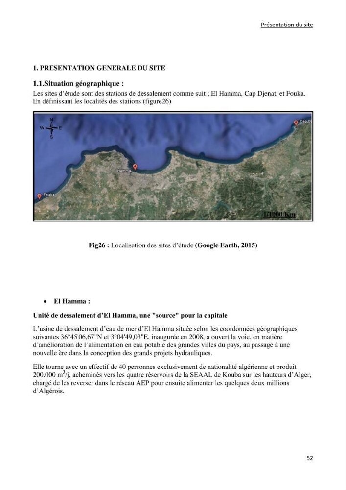 Impact des rejets de dessalement sur la qualité des eaux de mer ( cas des trois stations: cap djenat, El hamma, Fouka