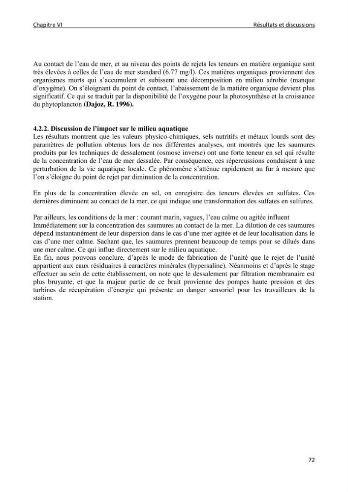 Impact des rejets de dessalement sur la qualité des eaux de mer ( cas des trois stations: cap djenat, El hamma, Fouka