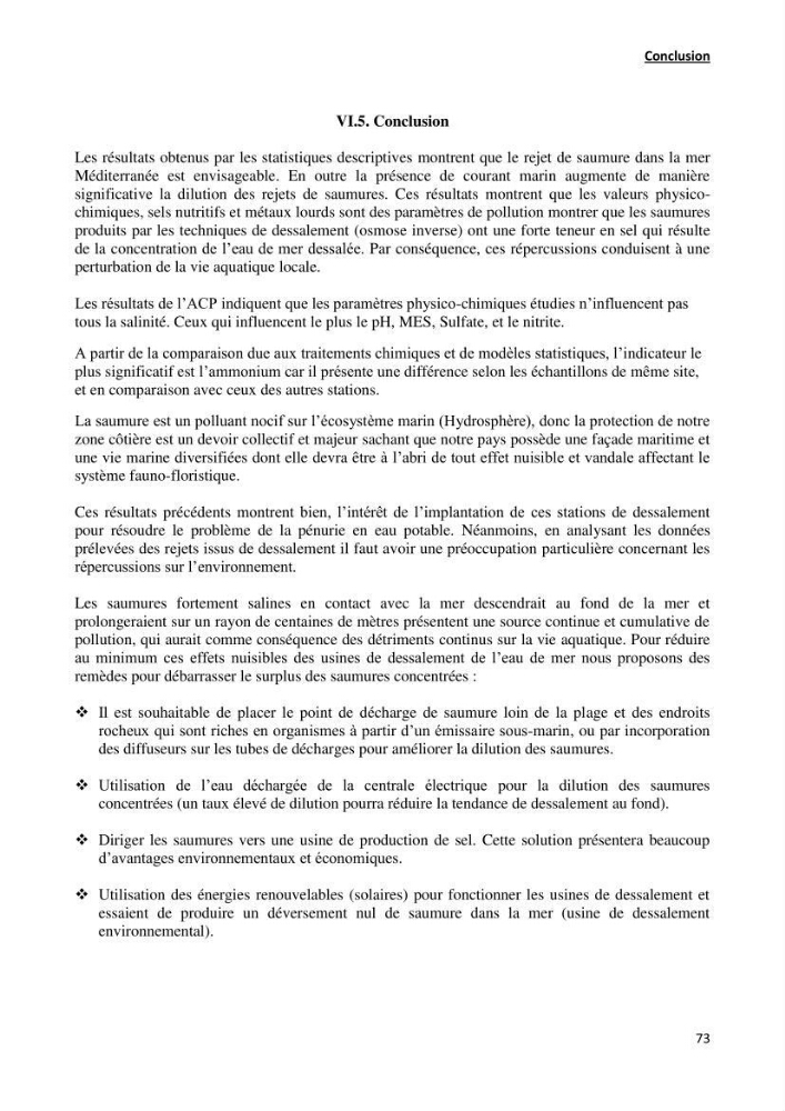 Impact des rejets de dessalement sur la qualité des eaux de mer ( cas des trois stations: cap djenat, El hamma, Fouka