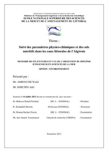 Suivi des paramètres physico-chimiques et des sels nutritifs dans les eaux de l'Algérois: Suivi des paramètres physico-chimiques et des sels nutritifs dans les eaux de l'Algérois: