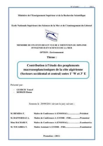 Contribution à l'étude des peuplements macrozooplanctoniques de la côte Algérienne (secteur occidental et central) entre 1° W et 3° E: Contribution à l'étude des peuplements macrozooplanctoniques de la côte Algérienne (secteur occidental et central) entre 1° W et 3° E: