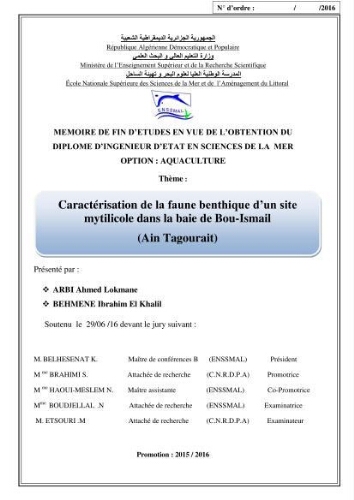 Caractérisation de la faune benthique d'un site mytilicole dans la baie de Bou-Ismail : (Ain Tagourait) Caractérisation de la faune benthique d'un site mytilicole dans la baie de Bou-Ismail : (Ain Tagourait)