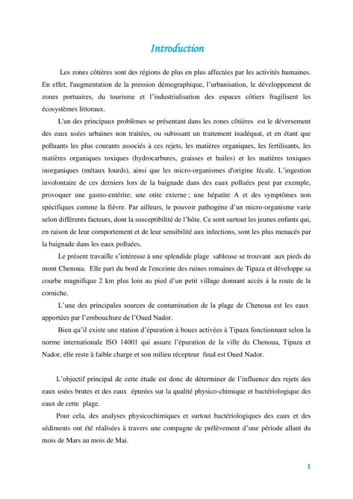 Détermination de l\'influence du rejet des eaux usées épurées par la STEP de Tipaza sur les caractéristiques physico-chimiques et bactériologiques des eaux de mer, cas de la plage de Chenoua