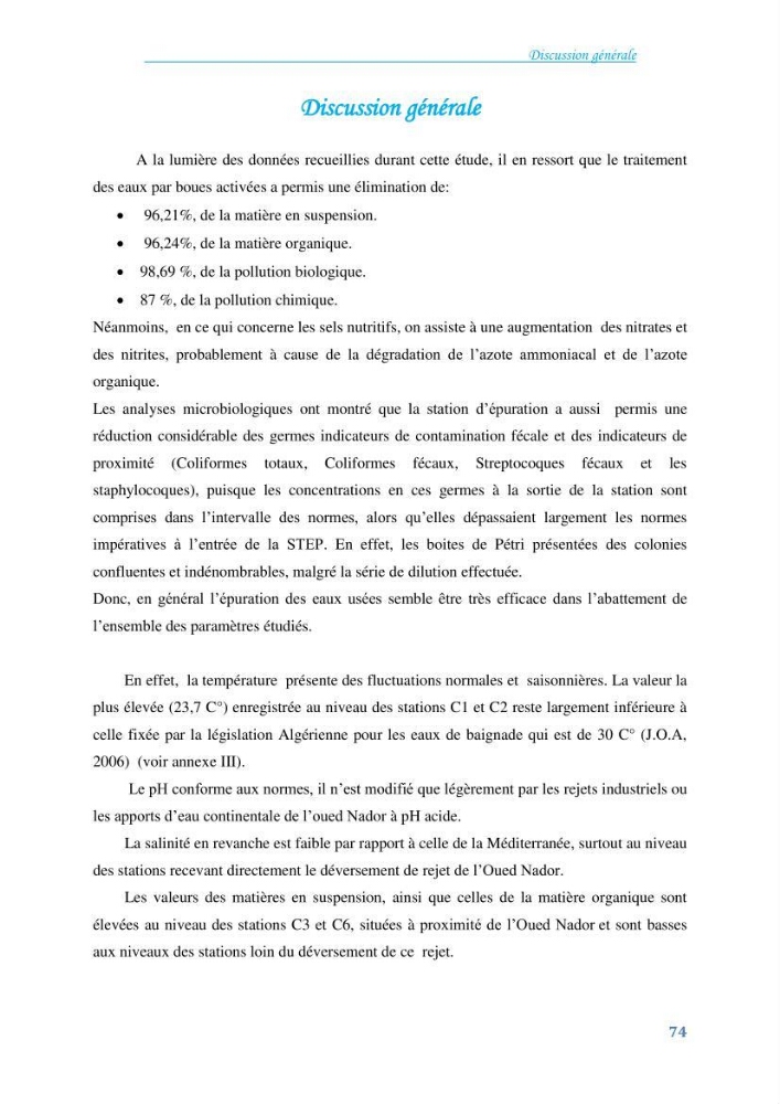Détermination de l\'influence du rejet des eaux usées épurées par la STEP de Tipaza sur les caractéristiques physico-chimiques et bactériologiques des eaux de mer, cas de la plage de Chenoua