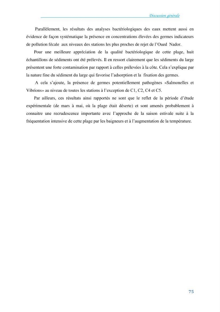 Détermination de l\'influence du rejet des eaux usées épurées par la STEP de Tipaza sur les caractéristiques physico-chimiques et bactériologiques des eaux de mer, cas de la plage de Chenoua