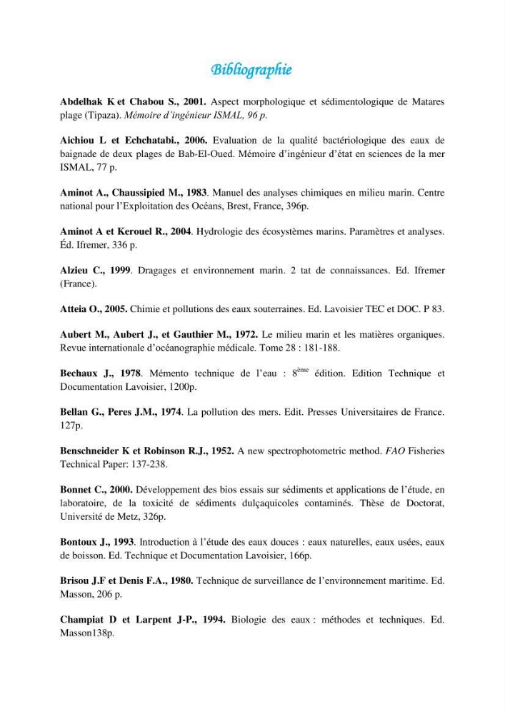 Détermination de l\'influence du rejet des eaux usées épurées par la STEP de Tipaza sur les caractéristiques physico-chimiques et bactériologiques des eaux de mer, cas de la plage de Chenoua