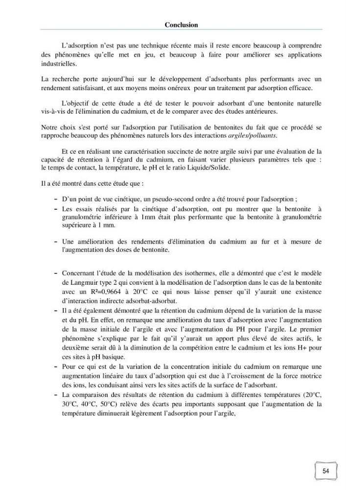 Les paramètres influençant la rétention des métaux lourds dans l\'eau sur une bentonite naturelle Algérienne
