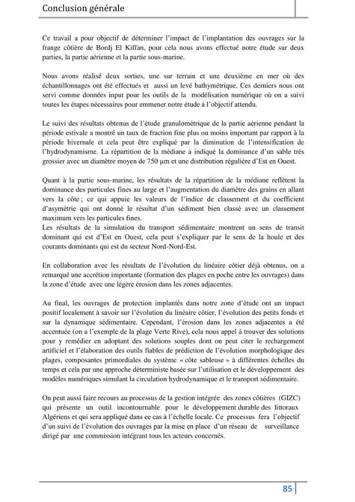 Morphodynamique et modélisation hydro-sédimentaire des plages du littoral centre Algérois « cas de la frange côtière Bordj El Kiffan »