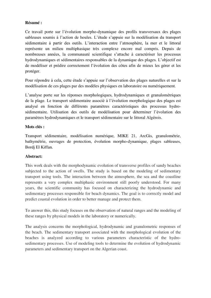 Morphodynamique et modélisation hydro-sédimentaire des plages du littoral centre Algérois « cas de la frange côtière Bordj El Kiffan »