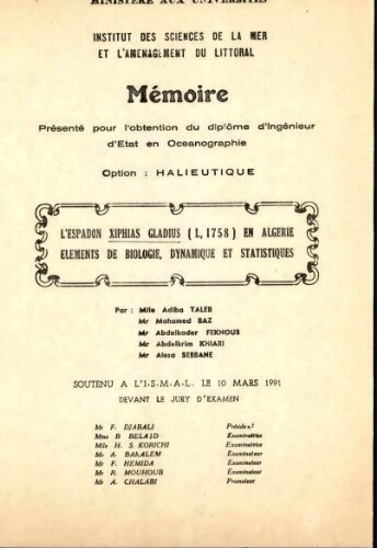 L'espadon Xiphias gladius (L., 1758) en Algérie: éléments de biologie, dynamique et statistiques L'espadon Xiphias gladius (L., 1758) en Algérie: éléments de biologie, dynamique et statistiques