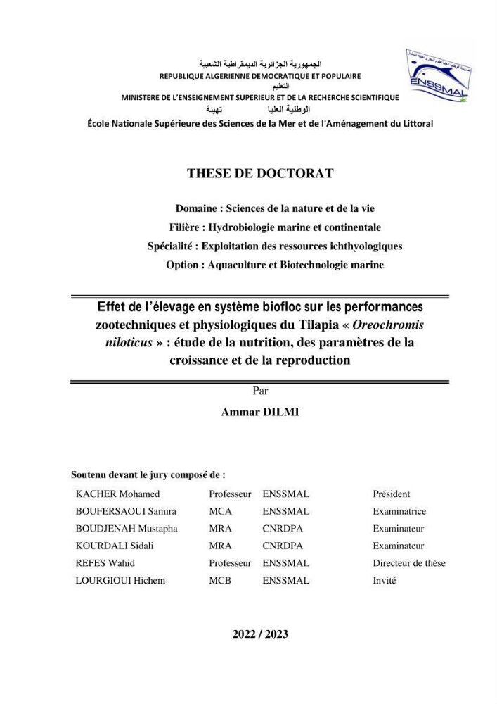 Effet de l’élevage en système biofloc sur les performances zootechniques et physiologiques du Tilapia « Oreochromis niloticus »