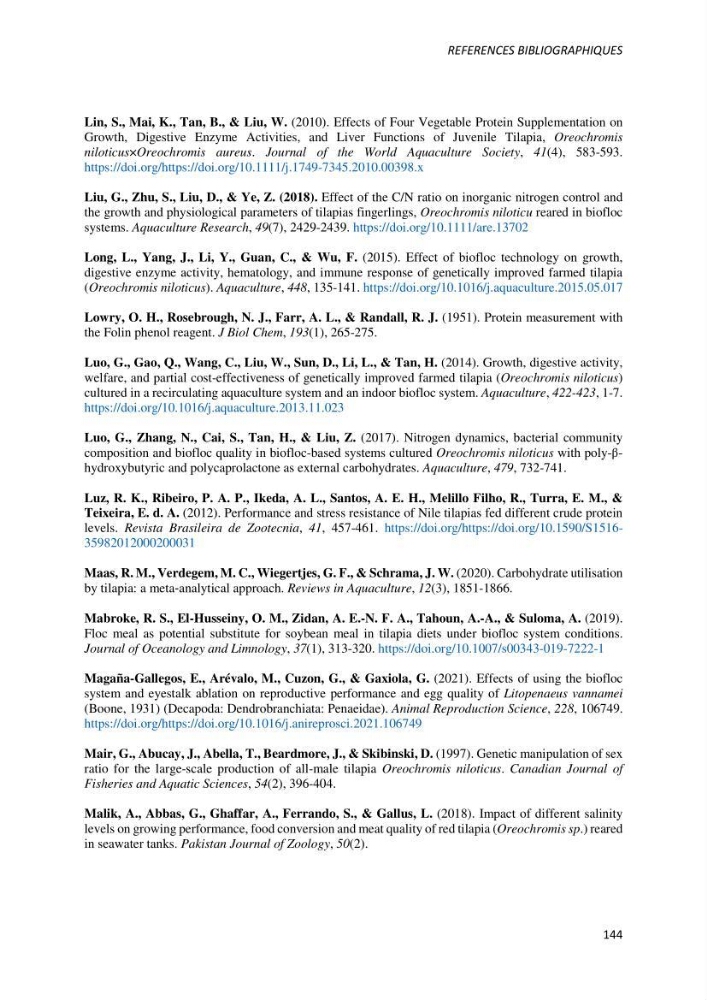 Effet de l’élevage en système biofloc sur les performances zootechniques et physiologiques du Tilapia « Oreochromis niloticus »