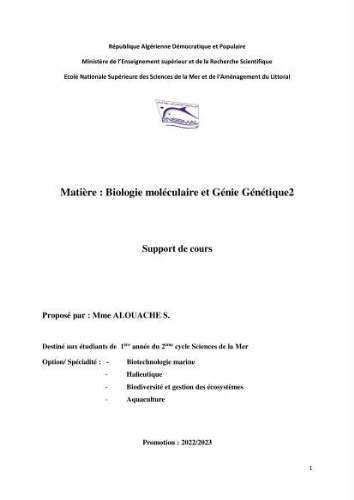 Biologie moléculaire et génie génétique 2: support de cours Biologie moléculaire et génie génétique 2: support de cours
