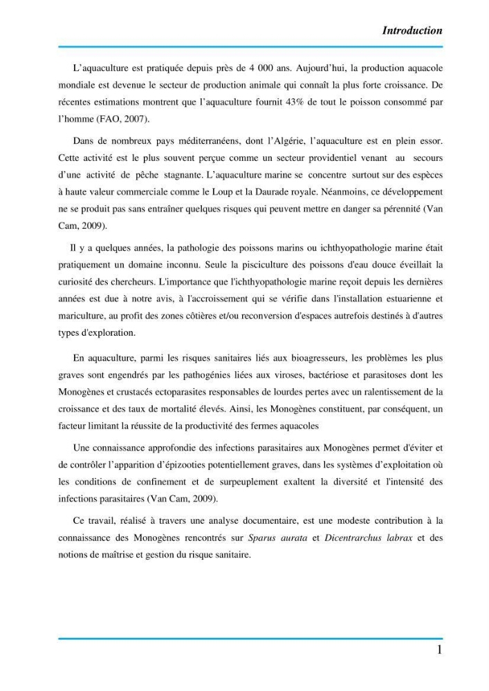 Inventaire des Monogènes parasites des poissons marins en Algérie