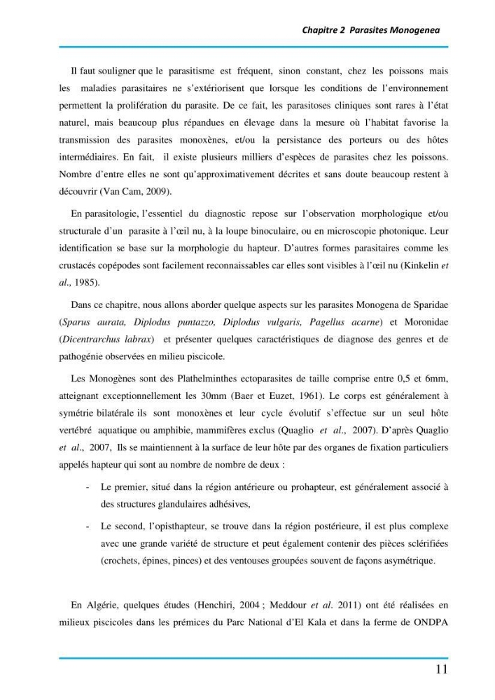 Inventaire des Monogènes parasites des poissons marins en Algérie