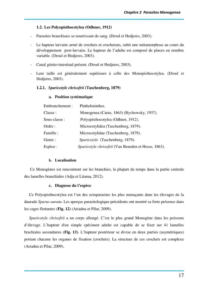 Inventaire des Monogènes parasites des poissons marins en Algérie