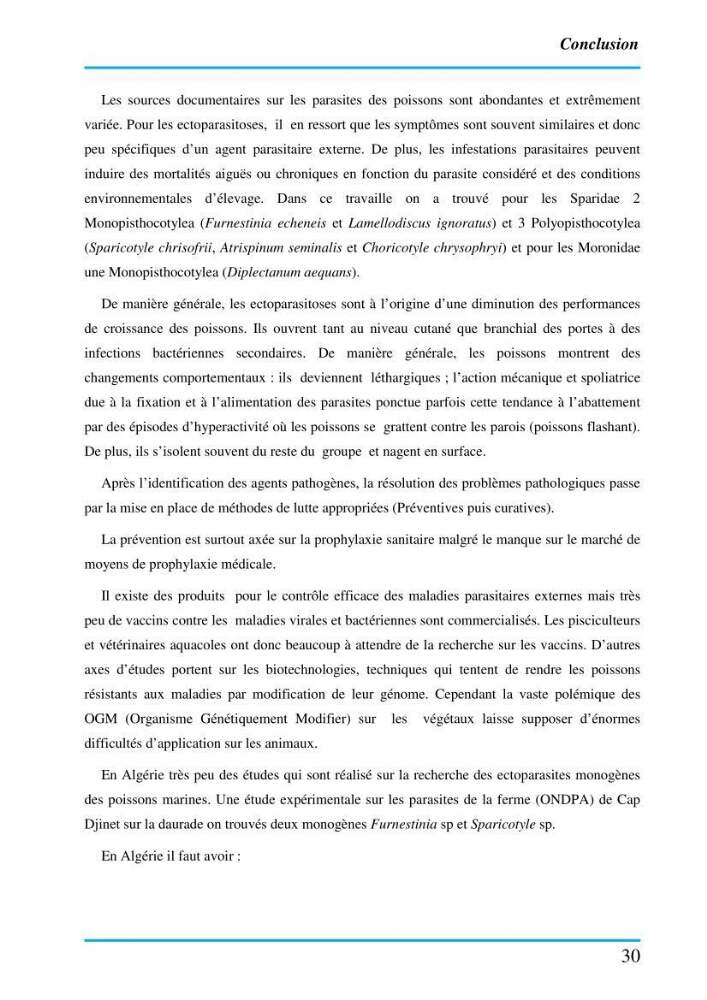 Inventaire des Monogènes parasites des poissons marins en Algérie