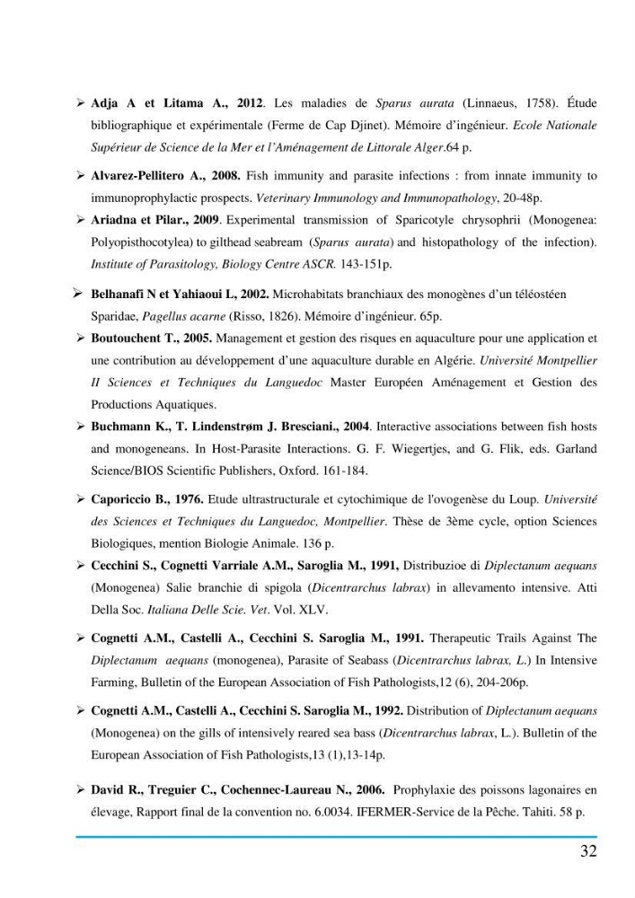 Inventaire des Monogènes parasites des poissons marins en Algérie