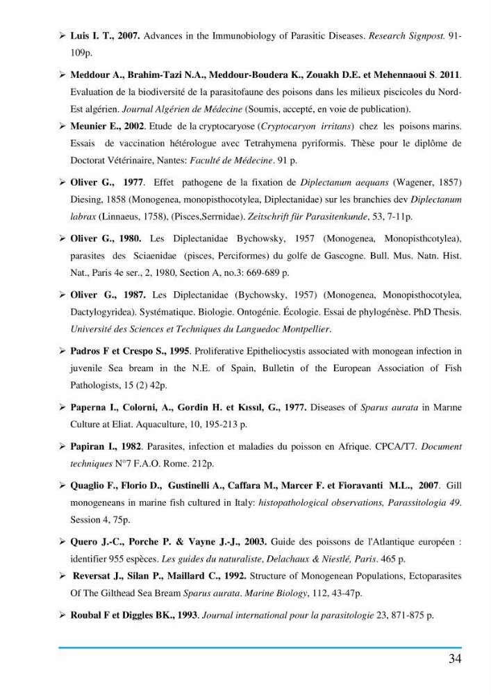 Inventaire des Monogènes parasites des poissons marins en Algérie