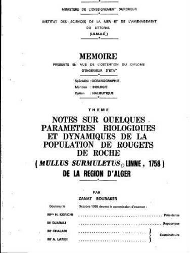 Notes sur quelques paramètres biologiques et dynamiques de la population de rougets de roche Mullus Surmuletus (Linné, 1758) de la région d'Alger Notes sur quelques paramètres biologiques et dynamiques de la population de rougets de roche Mullus Surmuletus (Linné, 1758) de la région d'Alger