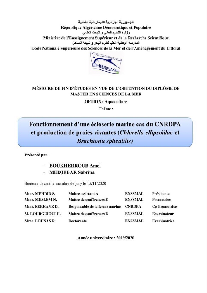 Fonctionnement d’une écloserie marine cas du CNRDPA et production de proies vivantes (Chlorella ellipsoïdae et Brachionus plicatilis)