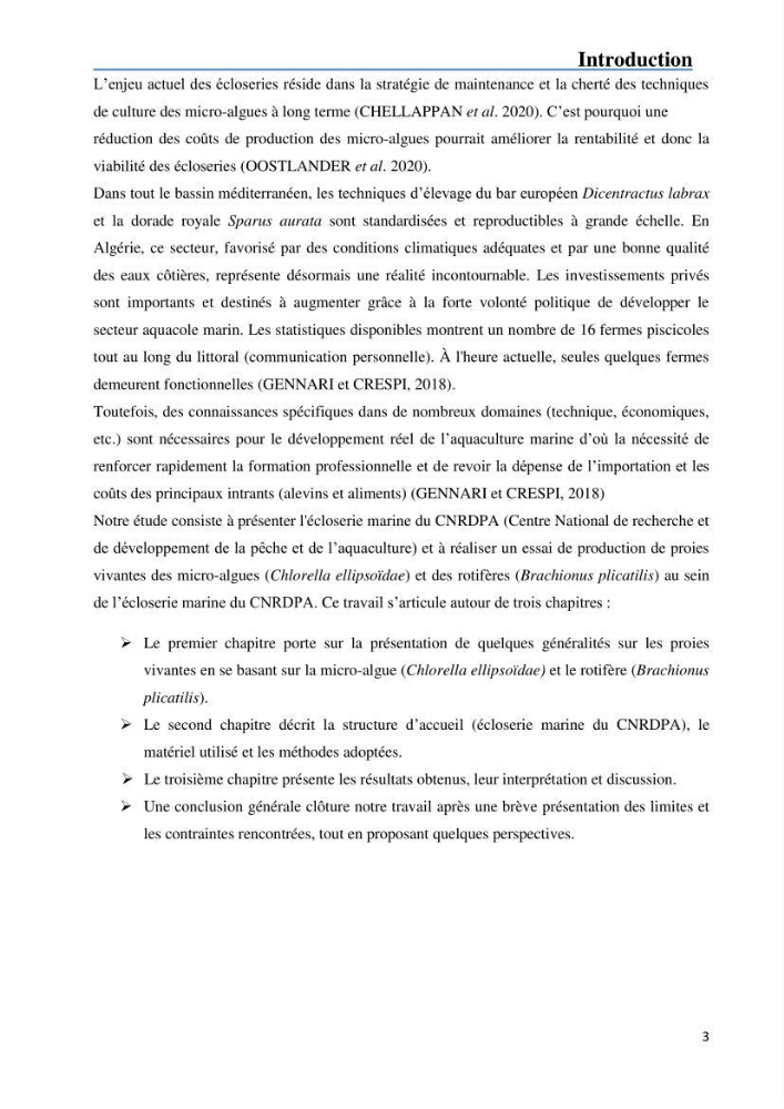 Fonctionnement d’une écloserie marine cas du CNRDPA et production de proies vivantes (Chlorella ellipsoïdae et Brachionus plicatilis)