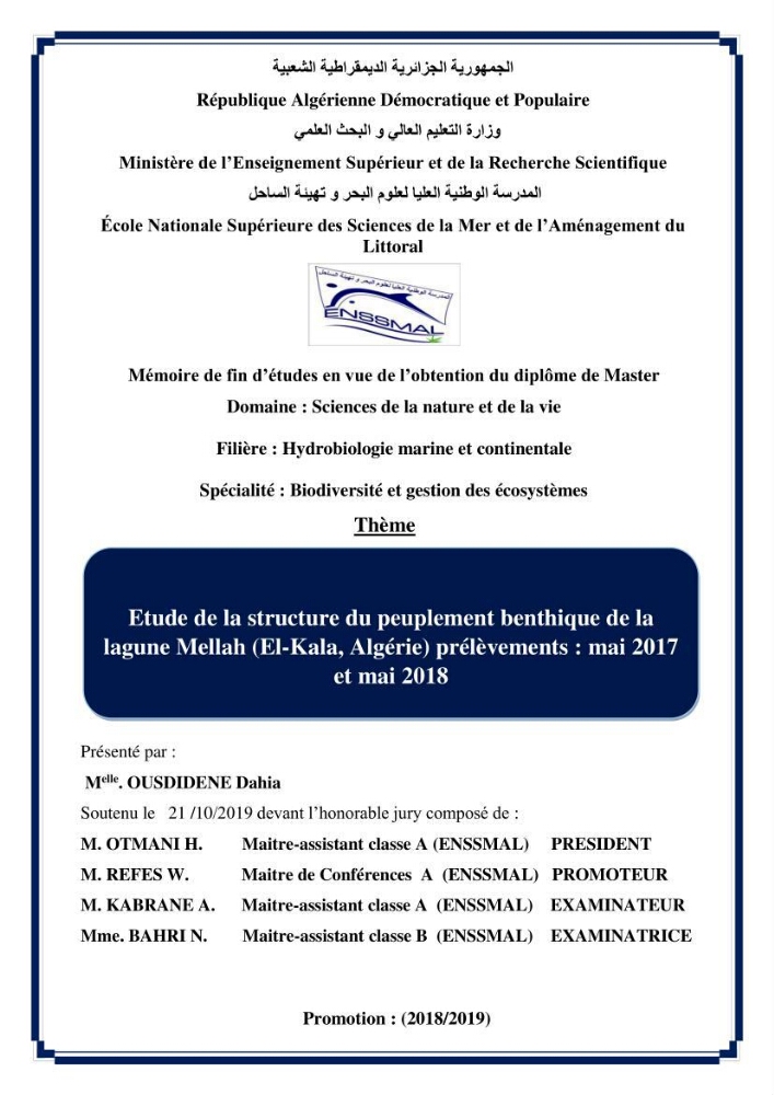 Etude de la structure du peuplement benthique de la lagune Mellah (El-Kala, Algérie) prélèvements: mai 2017 et mai 2018