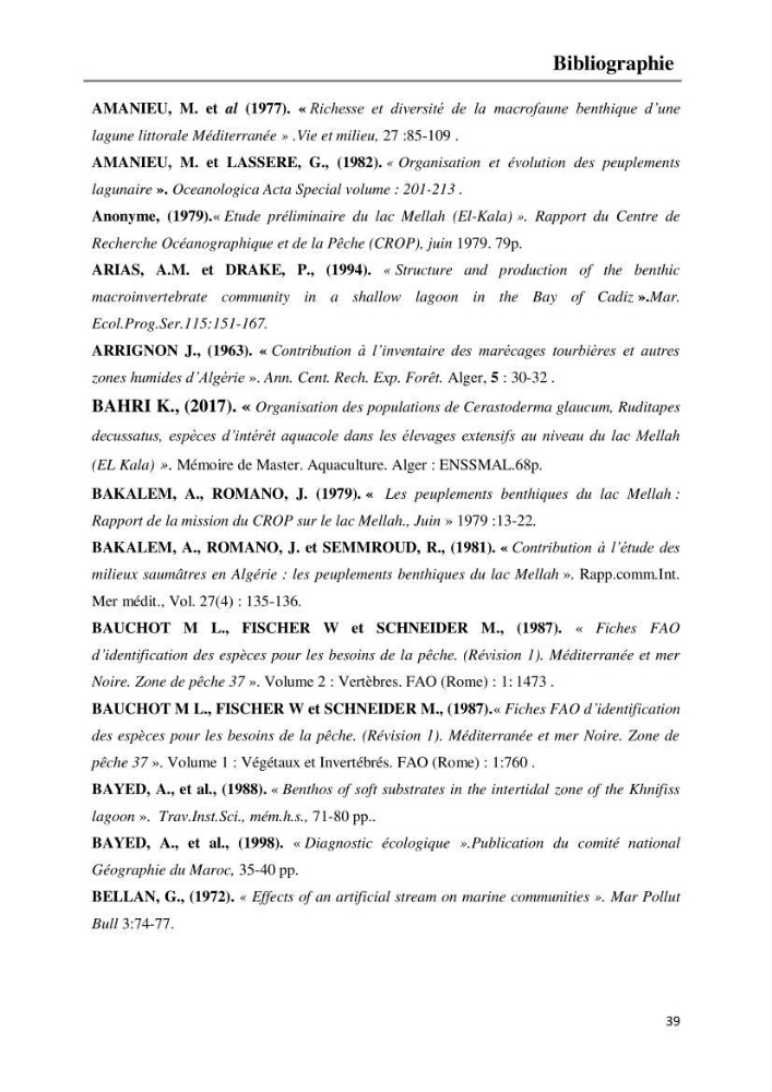 Etude de la structure du peuplement benthique de la lagune Mellah (El-Kala, Algérie) prélèvements: mai 2017 et mai 2018
