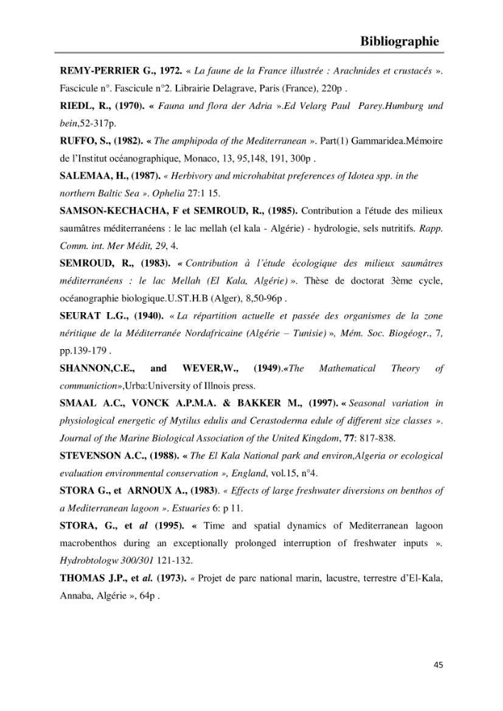 Etude de la structure du peuplement benthique de la lagune Mellah (El-Kala, Algérie) prélèvements: mai 2017 et mai 2018