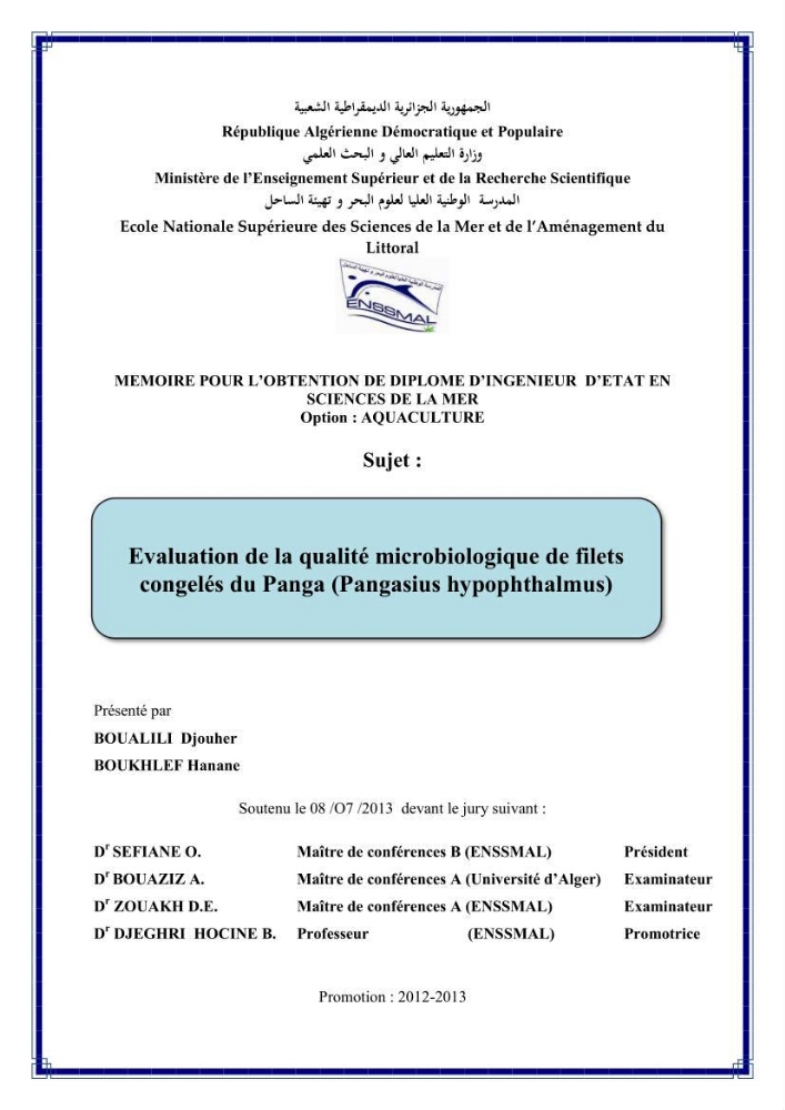 Evaluation de la qualité microbiologique de filets congelé du Panda (Pangaisius hypophthamus)
