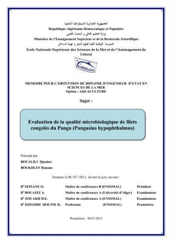 Evaluation de la qualité microbiologique de filets congelé du Panda (Pangaisius hypophthamus) Evaluation de la qualité microbiologique de filets congelé du Panda (Pangaisius hypophthamus)