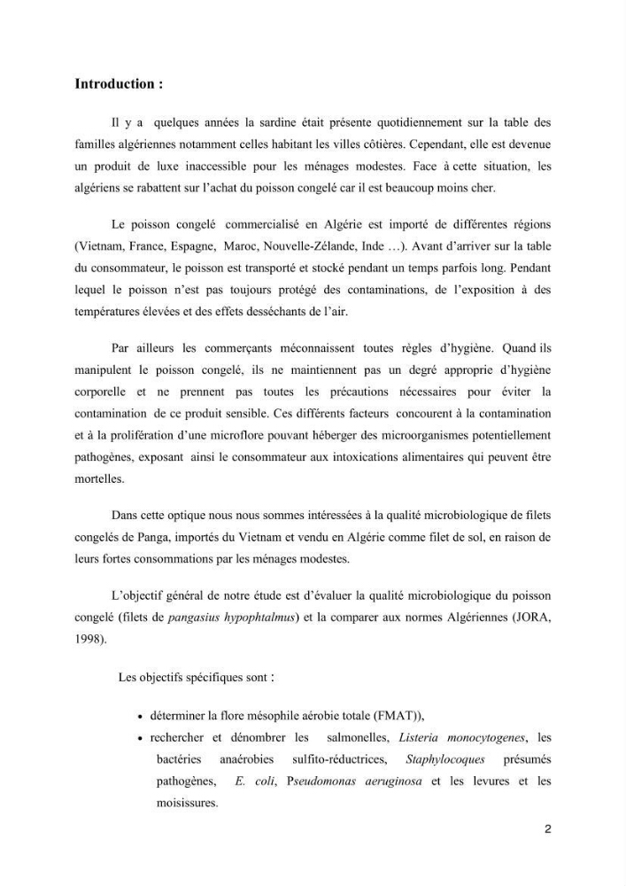 Evaluation de la qualité microbiologique de filets congelé du Panda (Pangaisius hypophthamus)