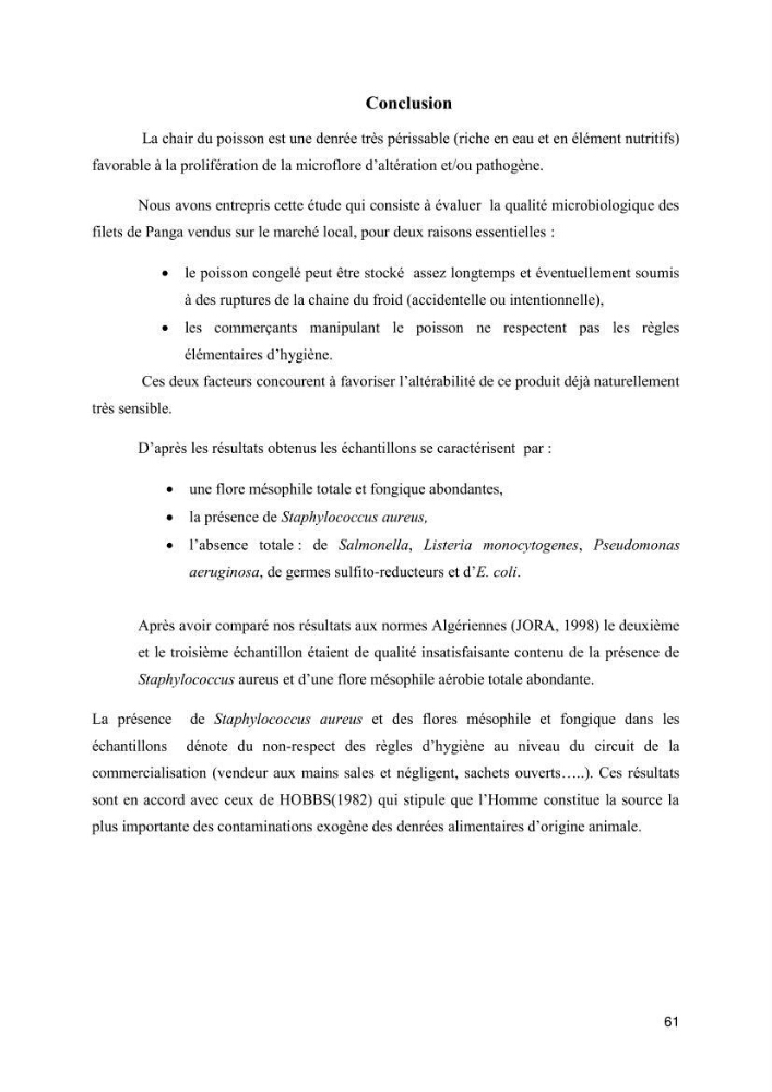 Evaluation de la qualité microbiologique de filets congelé du Panda (Pangaisius hypophthamus)